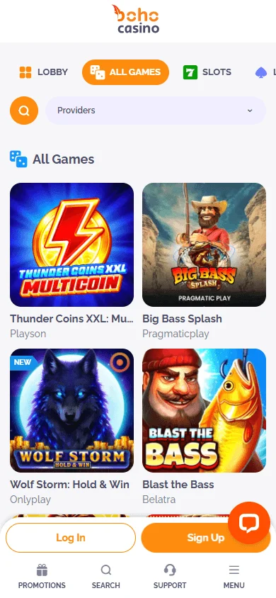 Boho Casino games area on a mobile device