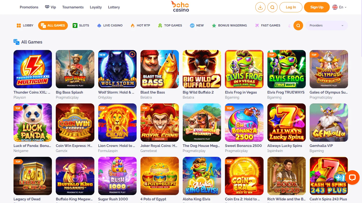 Boho Casino games area on desktop