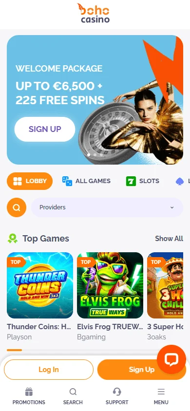 Boho Casino home screen on a mobile device