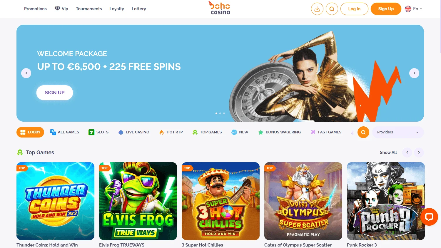 Boho Casino home screen on desktop