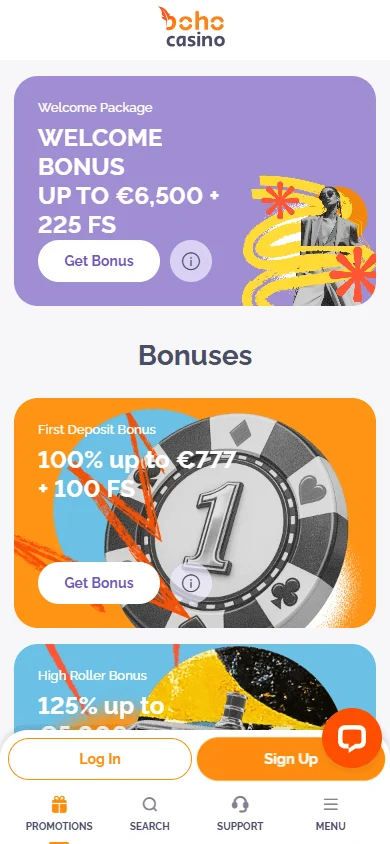 Boho Casino promotions area on a mobile device