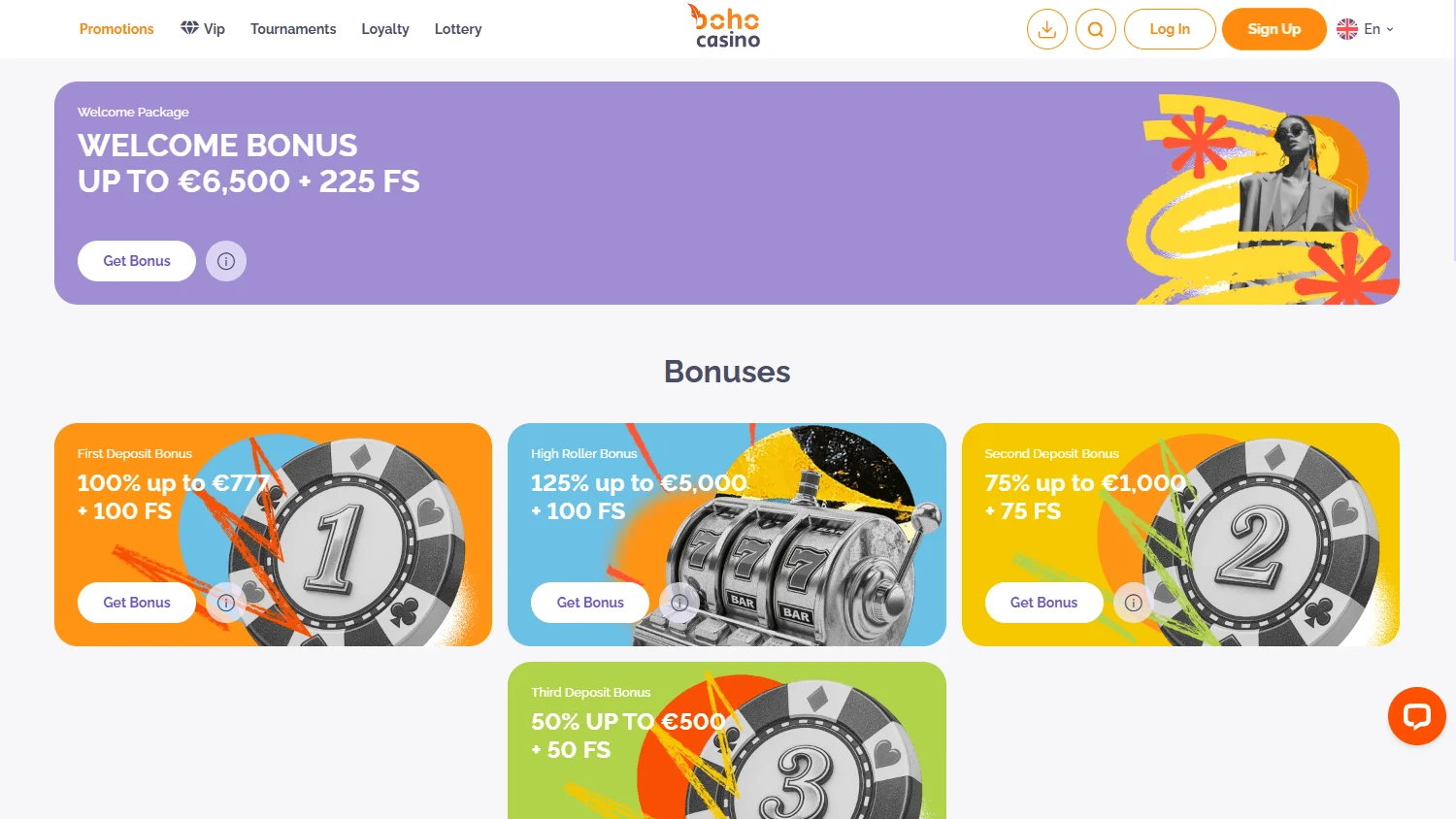 Boho Casino promotions area on desktop